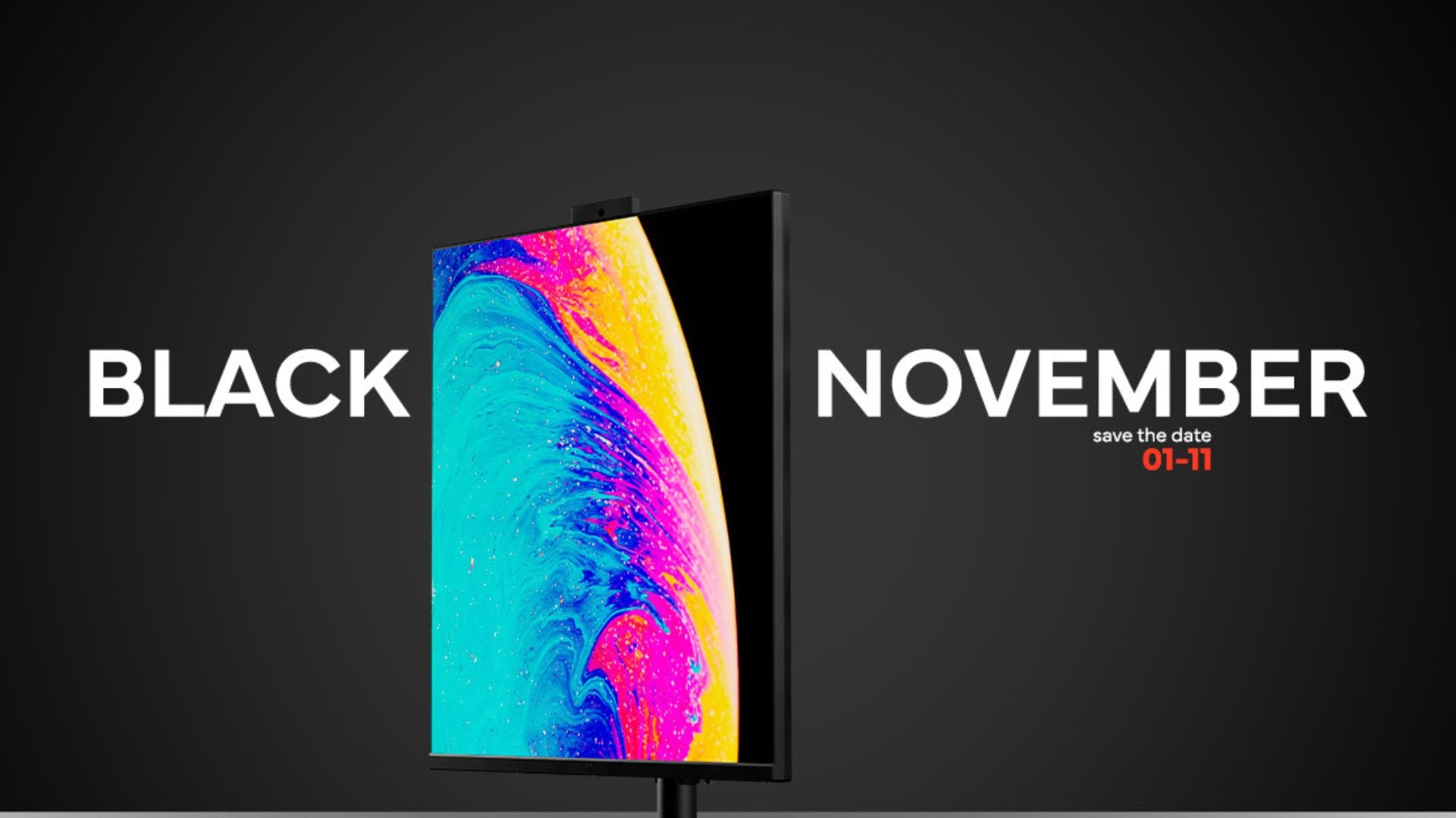 Imagem de fundo escuro, um monitor colorido ao centro e as palavras "black november".