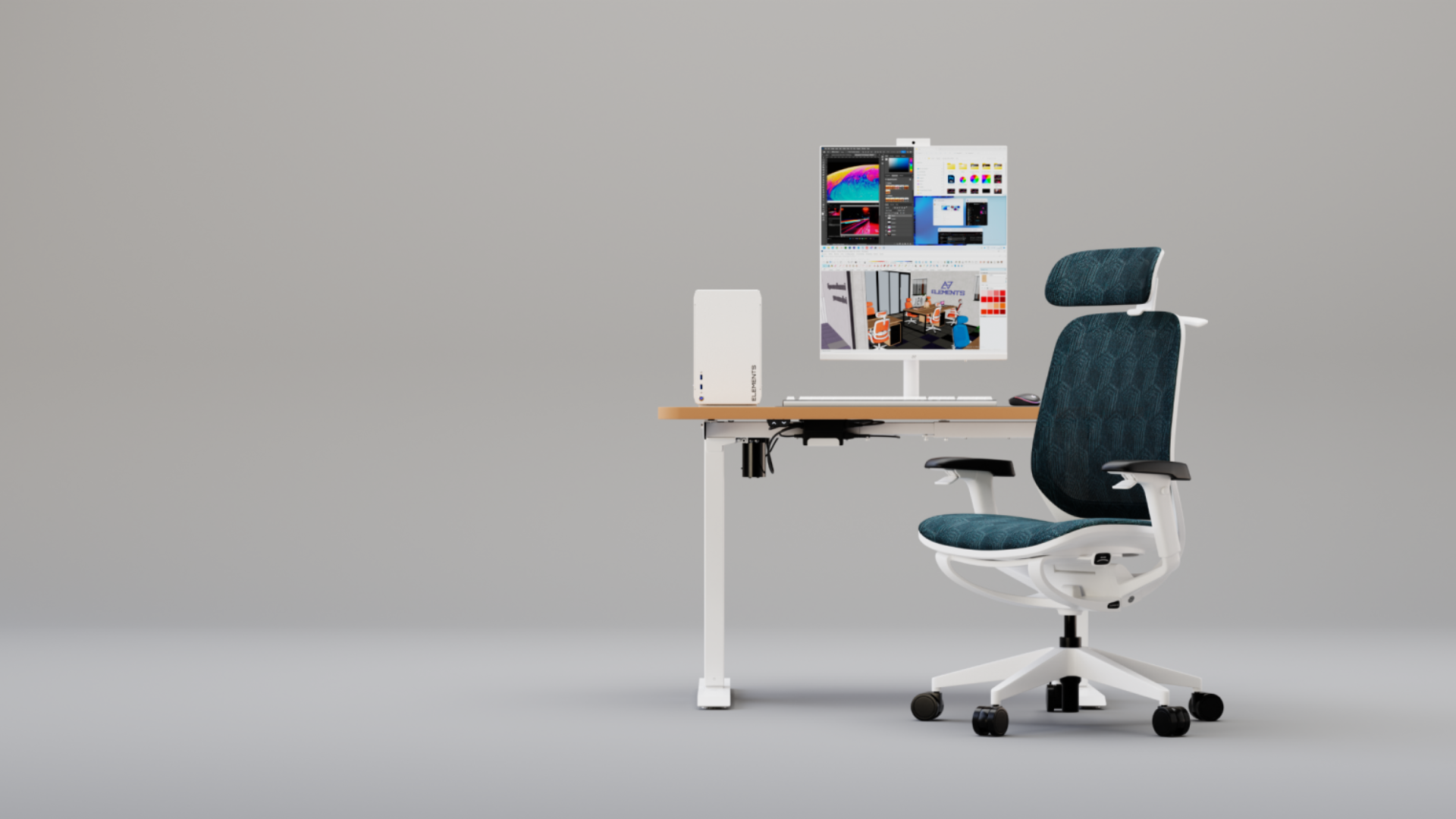 Escritório com mesa com regulagem de altura elétrica.