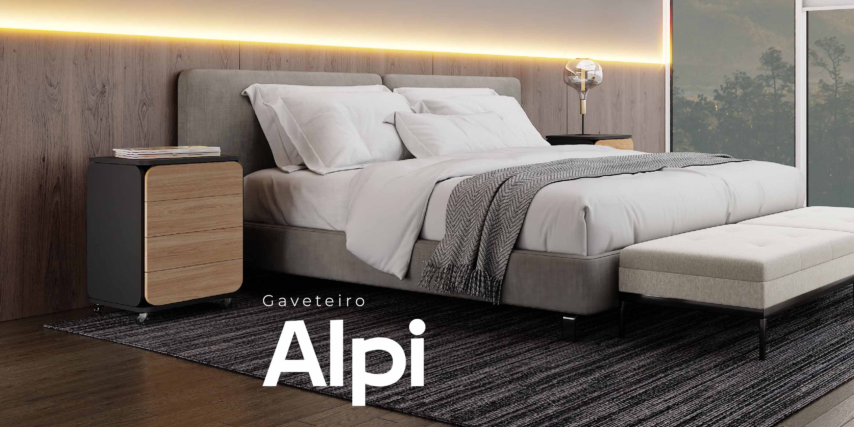 Gaveteiro Alpi ao lado de uma cama, funcionando como criado-mudo moderno.