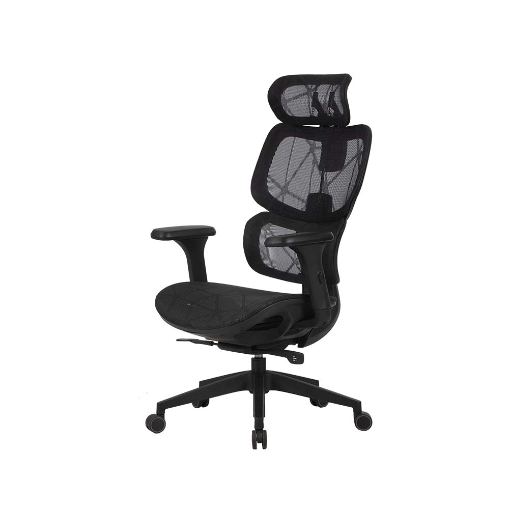 Encosto de cabeça ajustável e suporte lombar integrado, promovendo uma experiência ergonômica confortável.