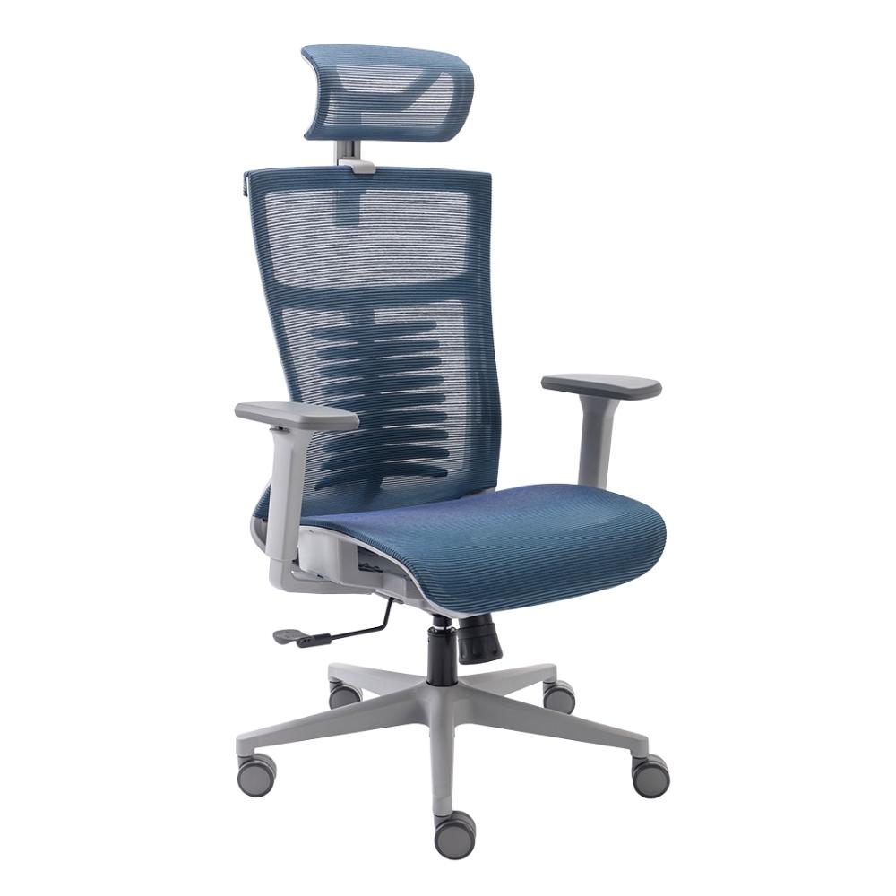 cadeira ergonômica de escritório, modelo vertta Pro, com apoio de cabeça m tecido mesch na cor azul, base, braços e rodízios na cor cinza.