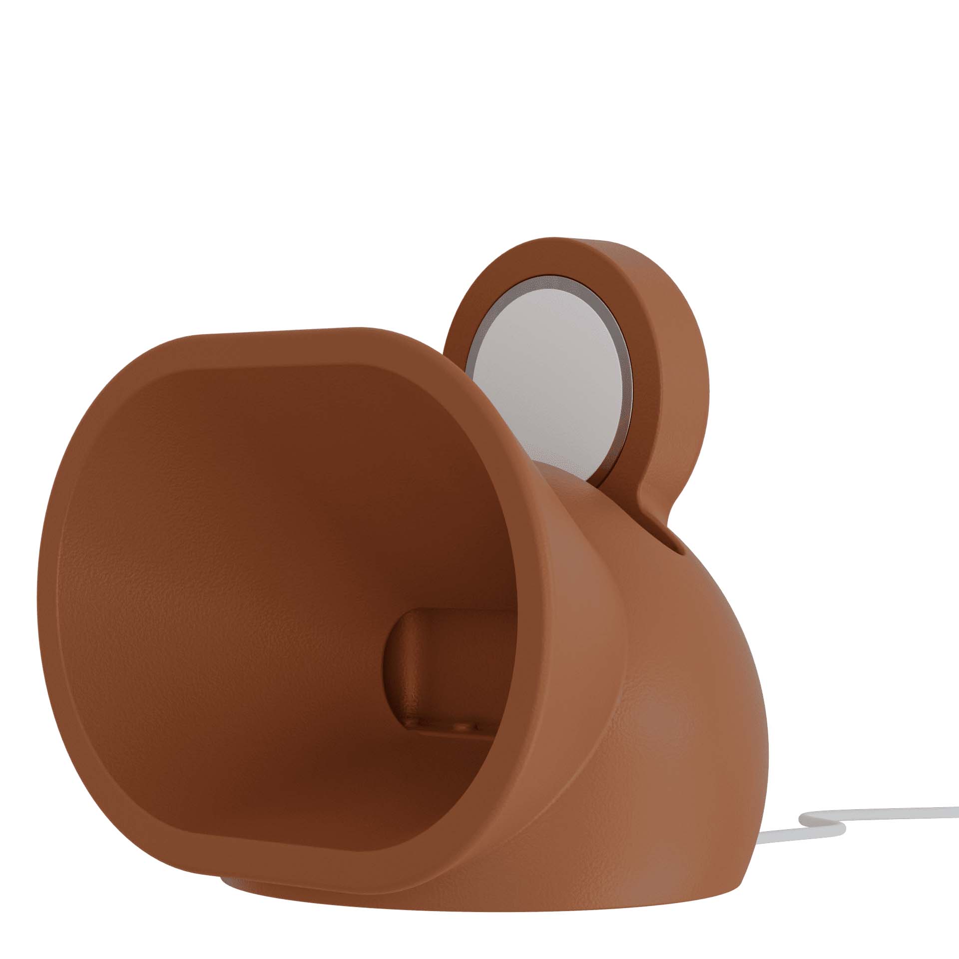 Amplificador acústico portátil, projetado para smartphones, com um design moderno e funcional. Feito de resina durável, ele utiliza uma estrutura em formato de corneta para amplificar o som do aparelho de forma natural, sem a necessidade de energia elétrica ou baterias. Seu design compacto e minimalista, na cor terracota, combina estilo e praticidade, sendo ideal para uso em ambientes internos ou externos. Além de amplificar o som, também funciona como carregador por indução.