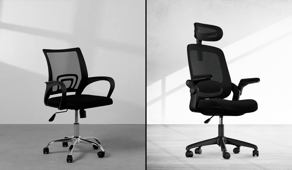 Duas cadeiras na esquerda uma cadeira de escritório sem ajustes ergonômicos e na esquerda uma cadeira modelo astra com ajustes ergonômicos