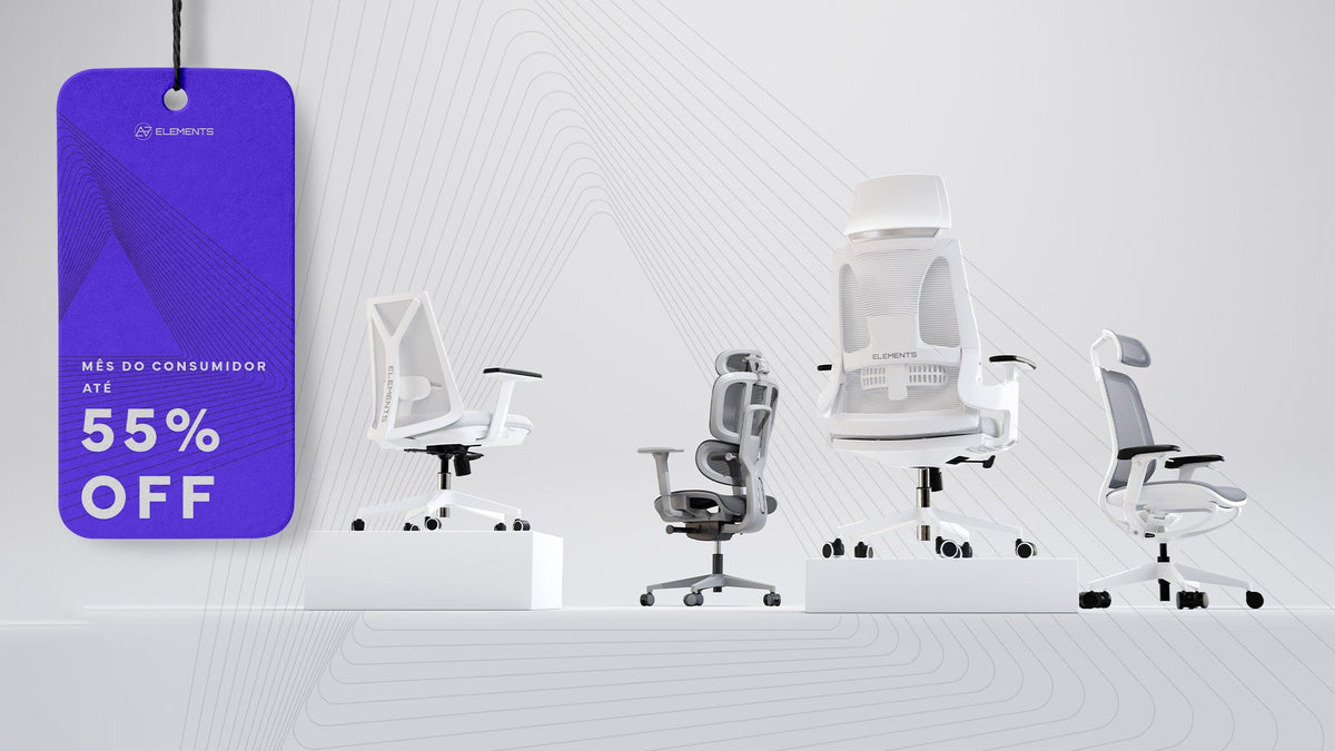 Cadeiras ergonômicas claras num fundo branco com o banner "semana do consumidor, 55% off".