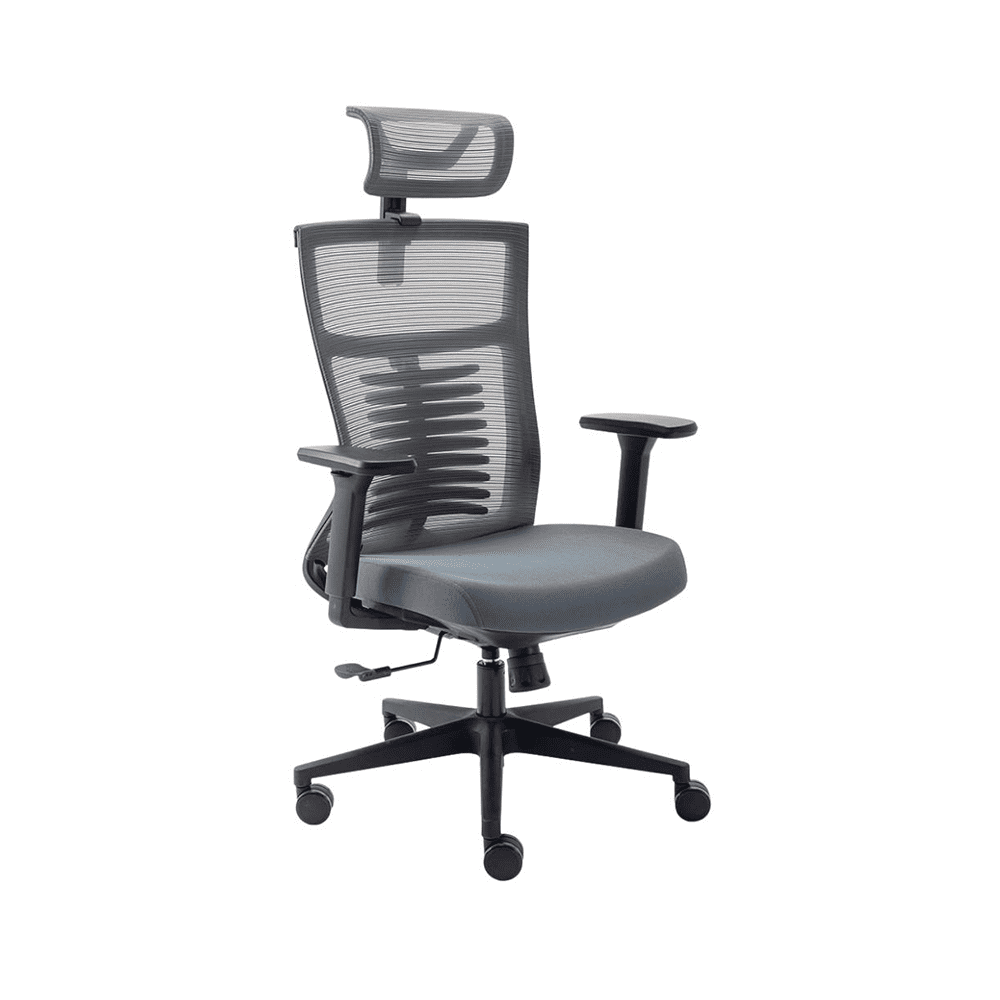 cadeira ergonômica de escritório, modelo vertta básica, cor do assento, encosto e apoio de cabeça em cinza, base, rodas, mecanismo e braços na cor preta.