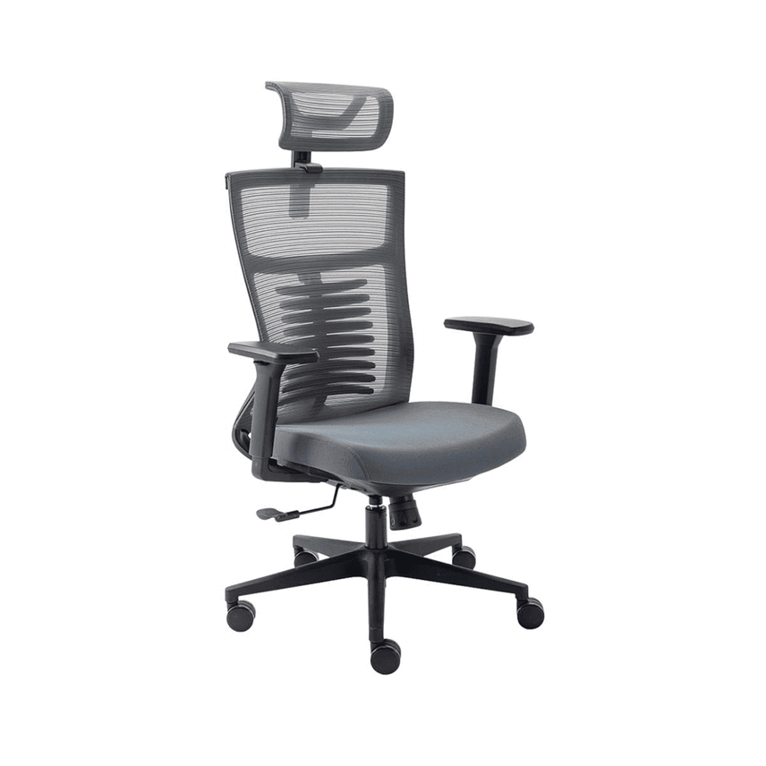 cadeira ergonômica de escritório, modelo vertta básica, cor do assento, encosto e apoio de cabeça em cinza, base, rodas, mecanismo e braços na cor preta.