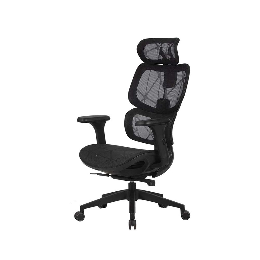 Encosto de cabeça ajustável e suporte lombar integrado, promovendo uma experiência ergonômica confortável.