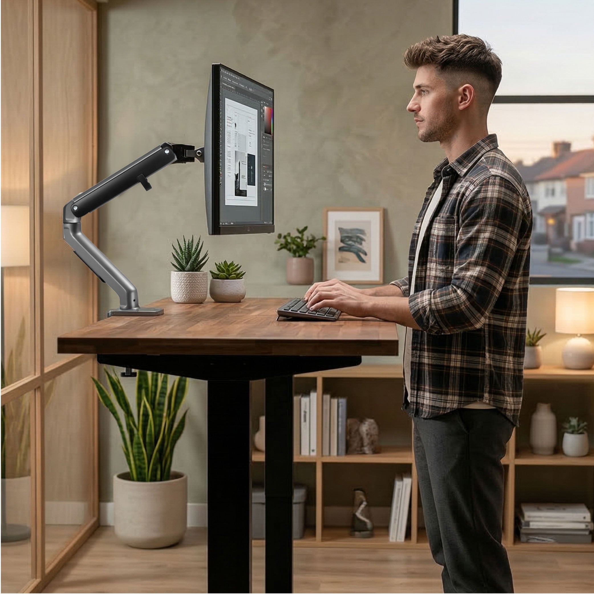 Mesa com Regulagem de Altura Elétrica Misch  + Tampo 140cm + Braço Articulado Axion