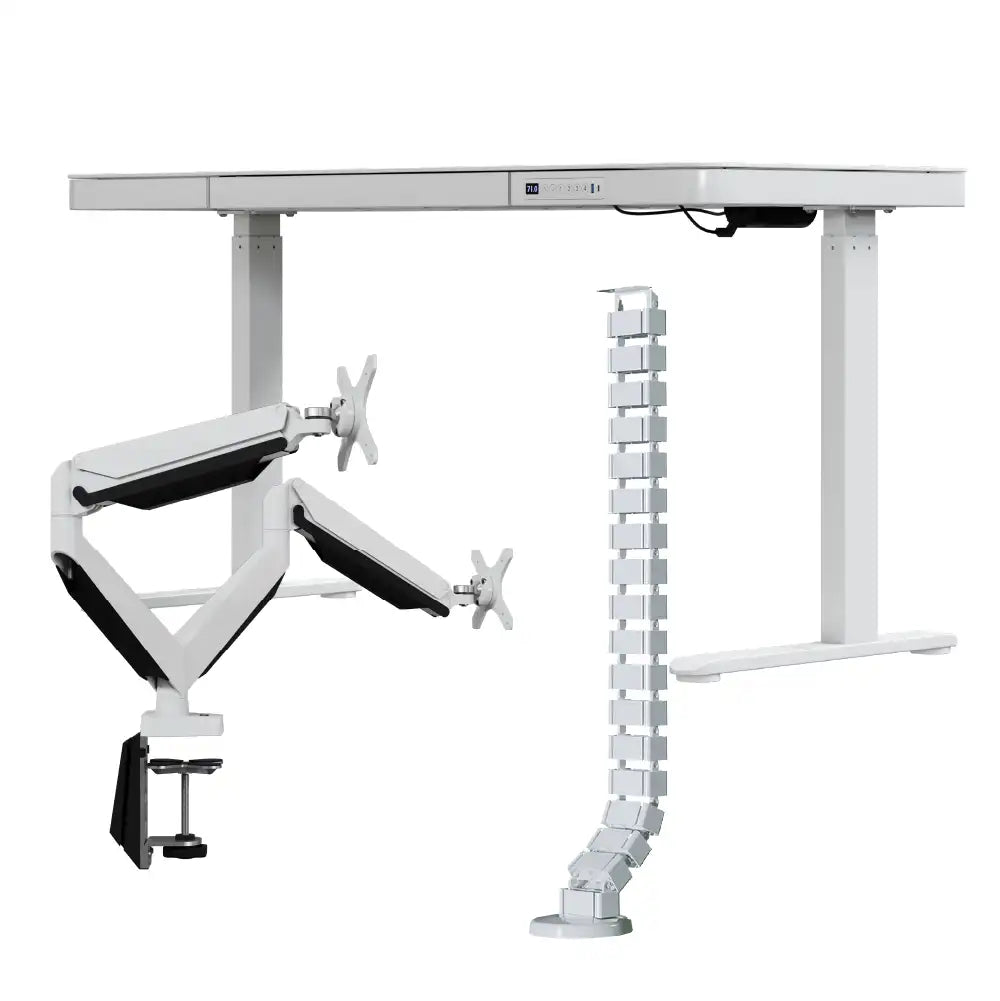 Combo Mesa elétrica Musa, Organizados de Cabos Sapine Cable e Suporte de Monitor articulado Armstrong Branco