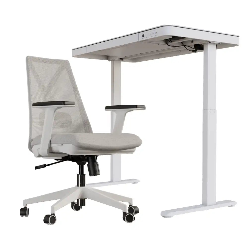 Combo Kit Mesa de altura elétrica Musa e Cadeira Ergonômica Olympia Branca e Cinza